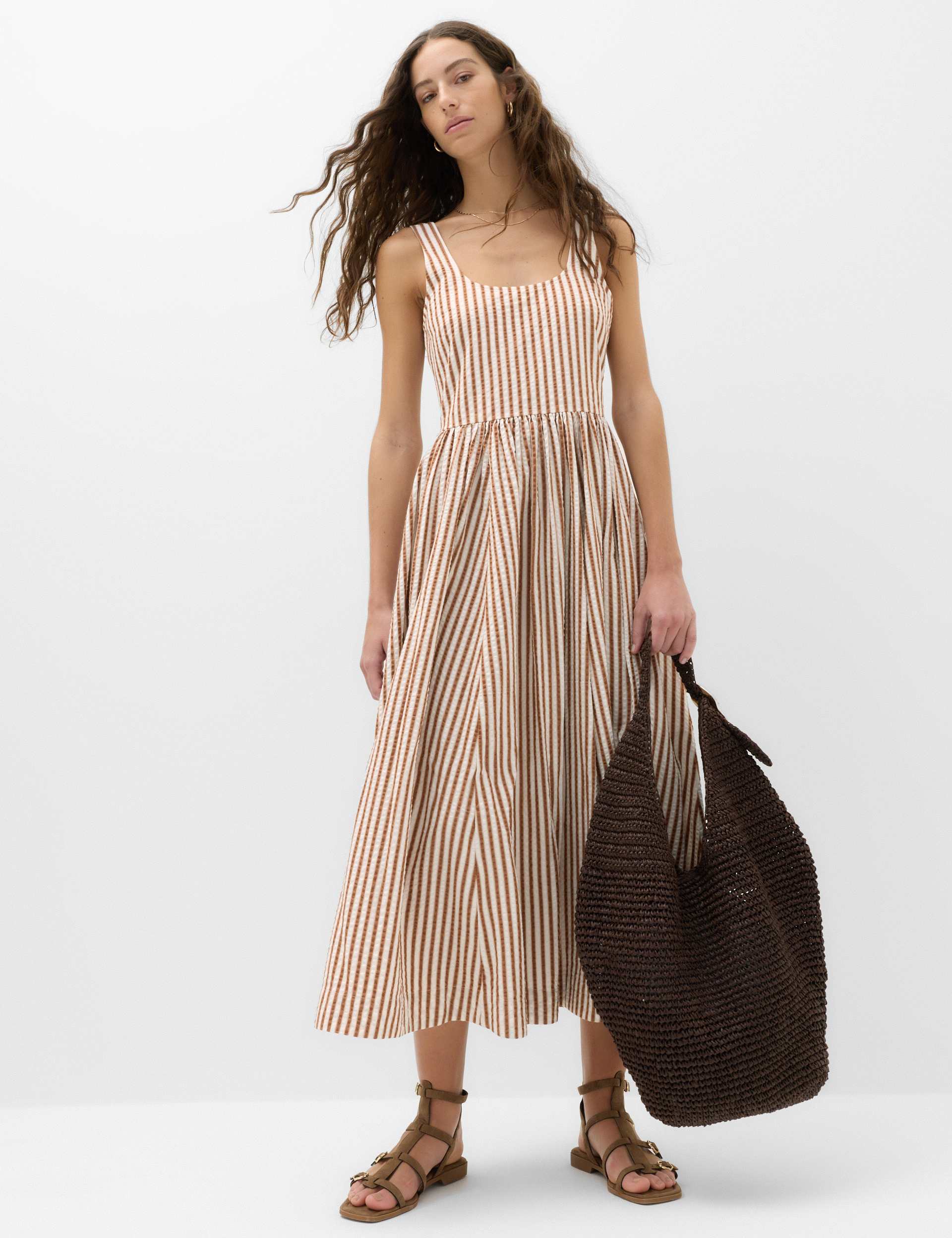 Pure Cotton Striped Midi Waisted Dress