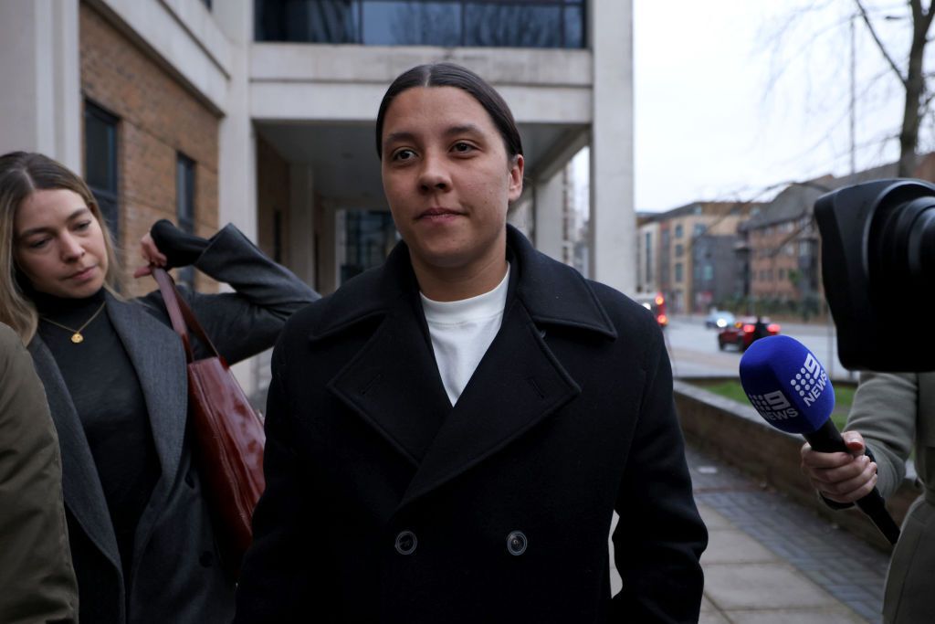 Australian football star Sam Kerr departs Kingston Crown Court after a pre-trial hearing on January 14, 2025 in Kingston upon Thames, England. The Matildas star, who also plays professionally for Chelsea in the Women&#039;s Super League, is facing charges of &quot;racially aggravated harassment&quot; of a police officer related to an incident in Twickenham on January 30, 2023. The long delayed trial is scheduled to start next month.