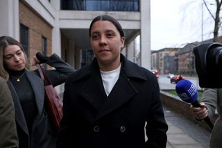 Australian football star Sam Kerr departs Kingston Crown Court after a pre-trial hearing on January 14, 2025 in Kingston upon Thames, England. The Matildas star, who also plays professionally for Chelsea in the Women's Super League, is facing charges of "racially aggravated harassment" of a police officer related to an incident in Twickenham on January 30, 2023. The long delayed trial is scheduled to start next month.