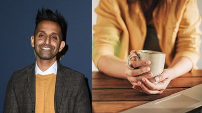 Dr Amir Khan next to woman holding cup of coffee in both hands with laptop on the table