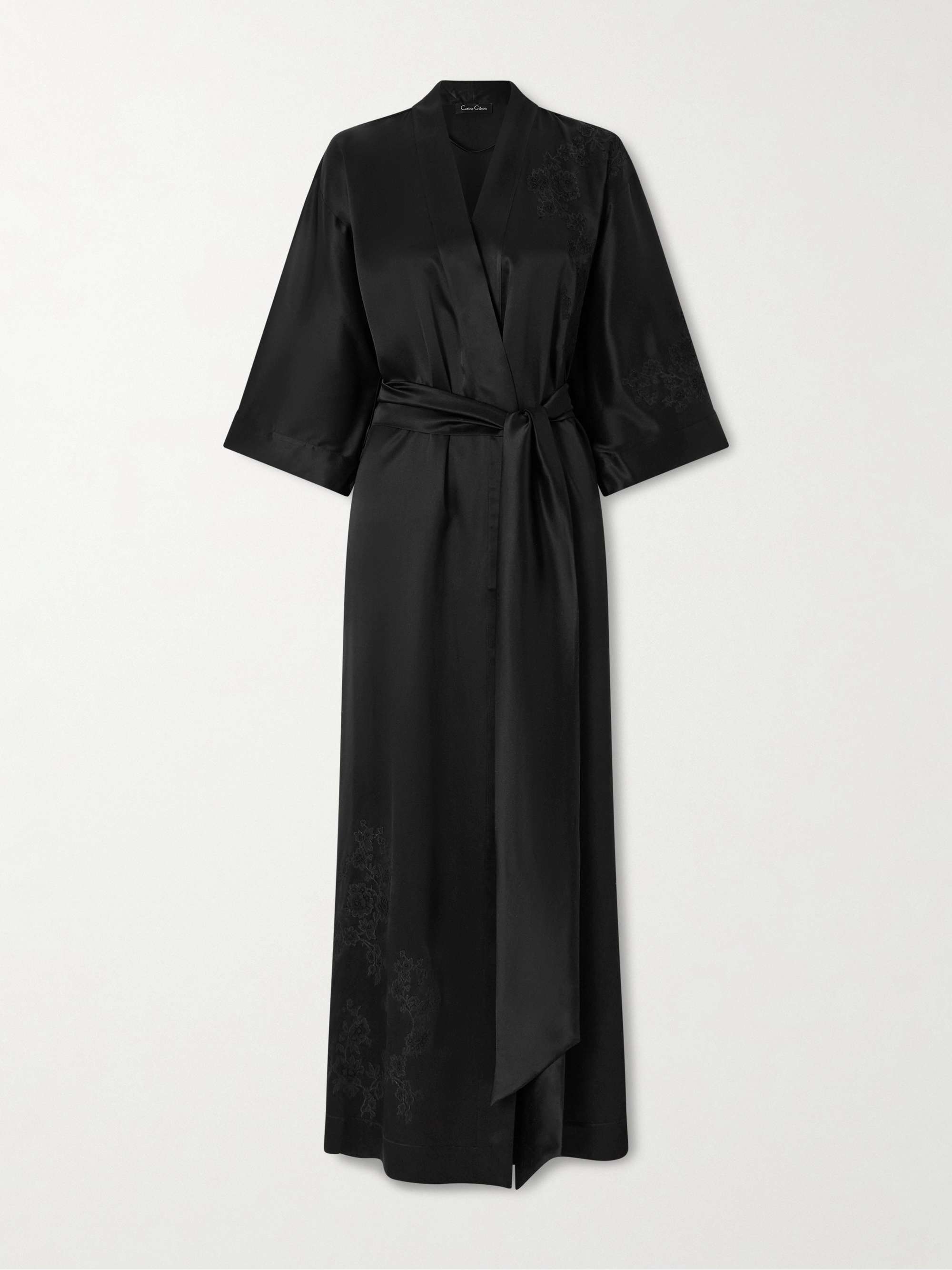 Belted Floral-Embroidered Silk-Satin Kimono