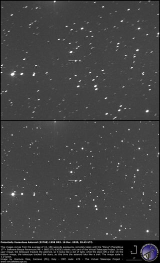 Two images from the Virtual Telescope Project's "Elana" astrograph telescope show the potentially hazardous asteroid 1998 OR2 in the night sky on March 16, 2020, at approximately 4:45 p.m. EDT (2045 GMT). Each image is the average of 10 separate 180-second exposures. In the upper image, the telescope tracked the asteroid's motion, so the asteroid appears as a white dot among a sea of small star trails. For the second image, the telescope remained fixed on the stars, so the asteroid appears with a small trail.
