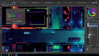 Adjustment layers in Affinity Designer for Windows, demonstrated using an image from renowned artist Romain Trystram’s striking neon cityscapes