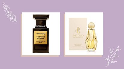 Collage of two of the best vanilla perfume buys from tom ford and jimmy choo on a lilac backdrop