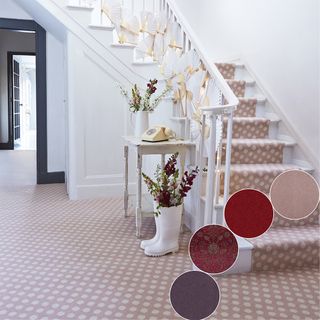 hallway with dusty pink carpet white vase