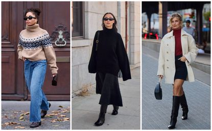 A three image collage of women wearing knit sweater outfits, including a Fair Isle sweater with jeans, black sweater with a skirt, and red sweater with black mini skirt.