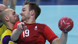 Denmark&#039;s right back #19 Mathias Gidsel is blocked ahead of the Slovenia vs Denmark Men&#039;s Handball Semi Final at Olympics 2024