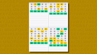 Quordle Daily Sequence answers for game 804 on a yellow background