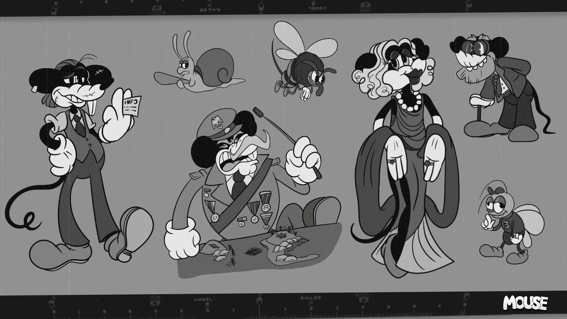 Arte conceptual de MOUSE: PI for Hire, que muestra varios vehículos, personajes y entornos.