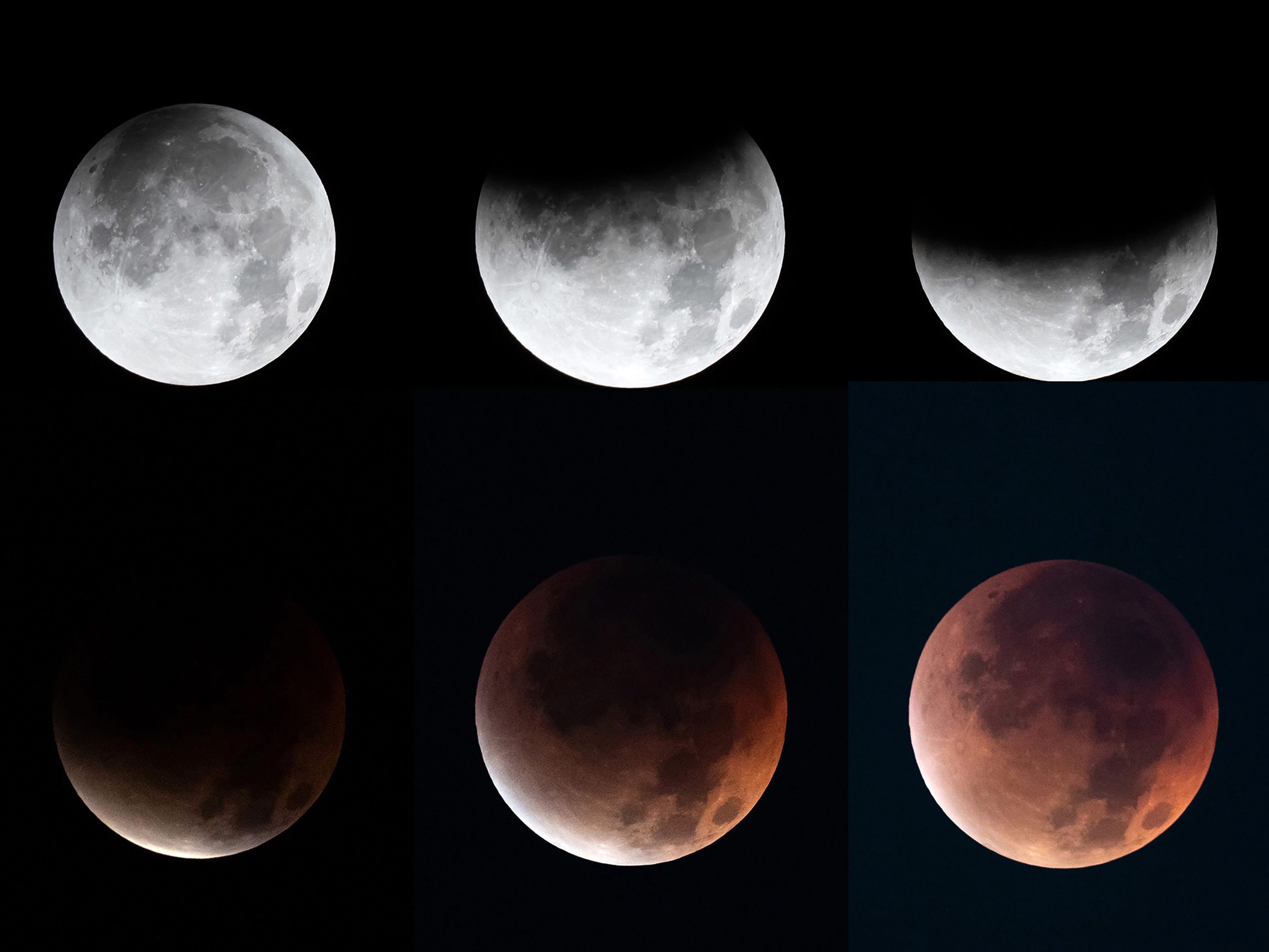 A composite image showing the phases of a lunar eclipse leading up to totality. Six moons are shown, with each subsequent image becoming more eclipsed.