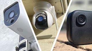 Split image of Swann MaxRanger4K Solar, Reolink Altas PT Ultra, and Blink Outdoor 4 cameras
