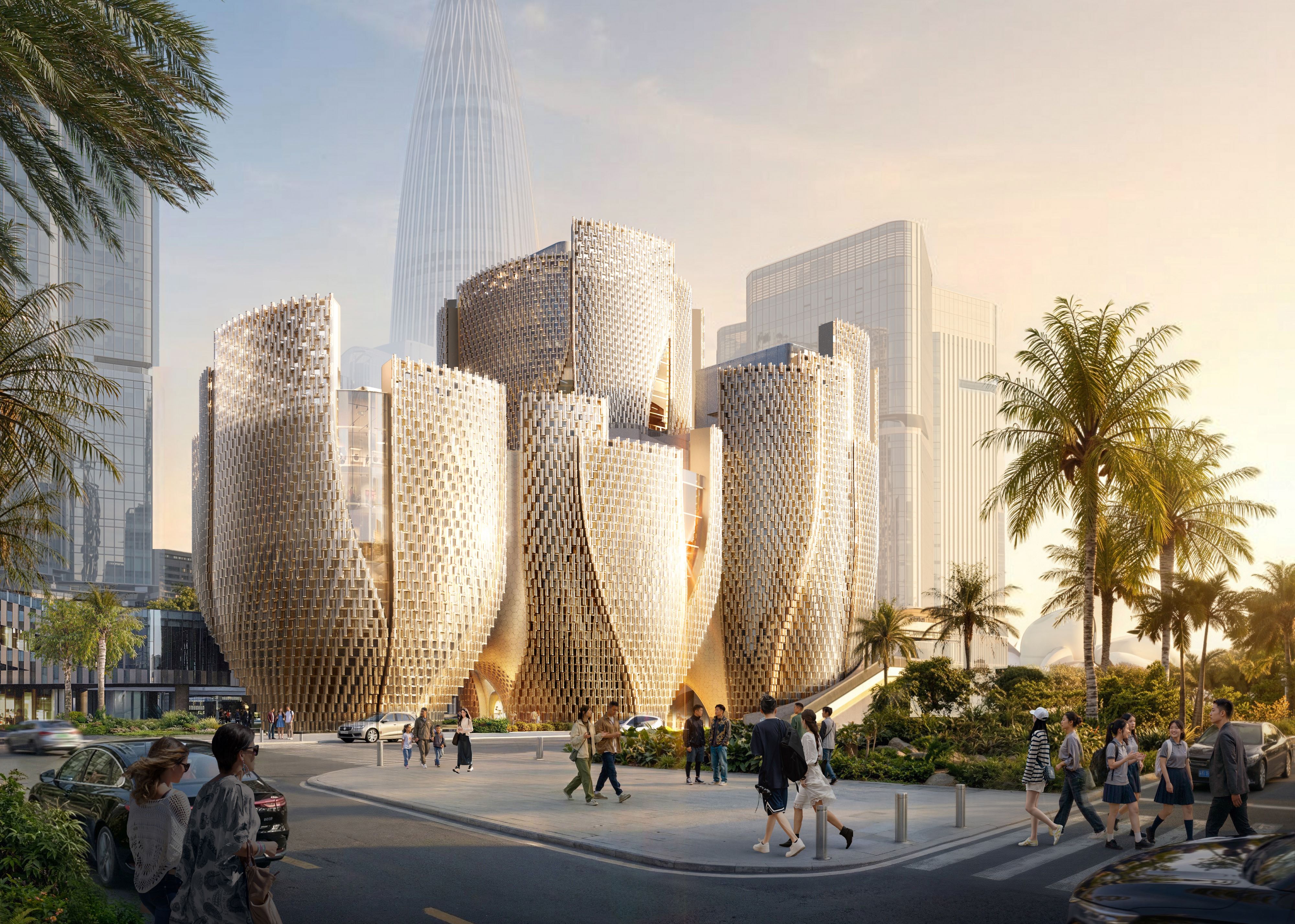 R&oacute;ng Museum of Art by Ole Scheeren exterior hero render ofcurvy shaped building opening up upwards