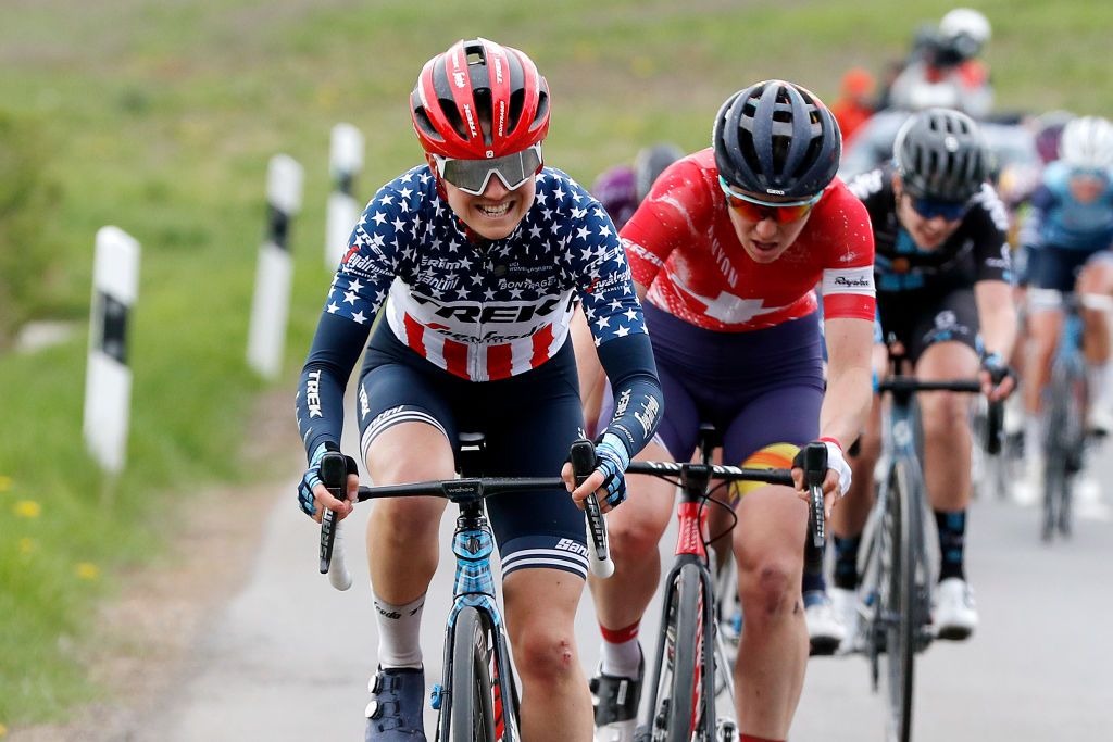 GARNICH LUXEMBOURG MAY 02 Ruth Winder of United States and Team Trek Segafredo Elise Chabbey of Switzerland and Team Canyon SRAM Racing on breakaway during the 13th Ceratizit Festival Elsy Jacobs 2021 Stage 2 a 1053km stage from Garnich to Garnich felsy UCIProSeries on May 02 2021 in Garnich Luxembourg Photo by Bas CzerwinskiGetty Images