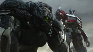 Still from the movie Transformers: Rise of the Beasts (2023). Here we see Optimus Primal (robot gorilla) standing next to Optimus Prime (robot that can turn into a truck).