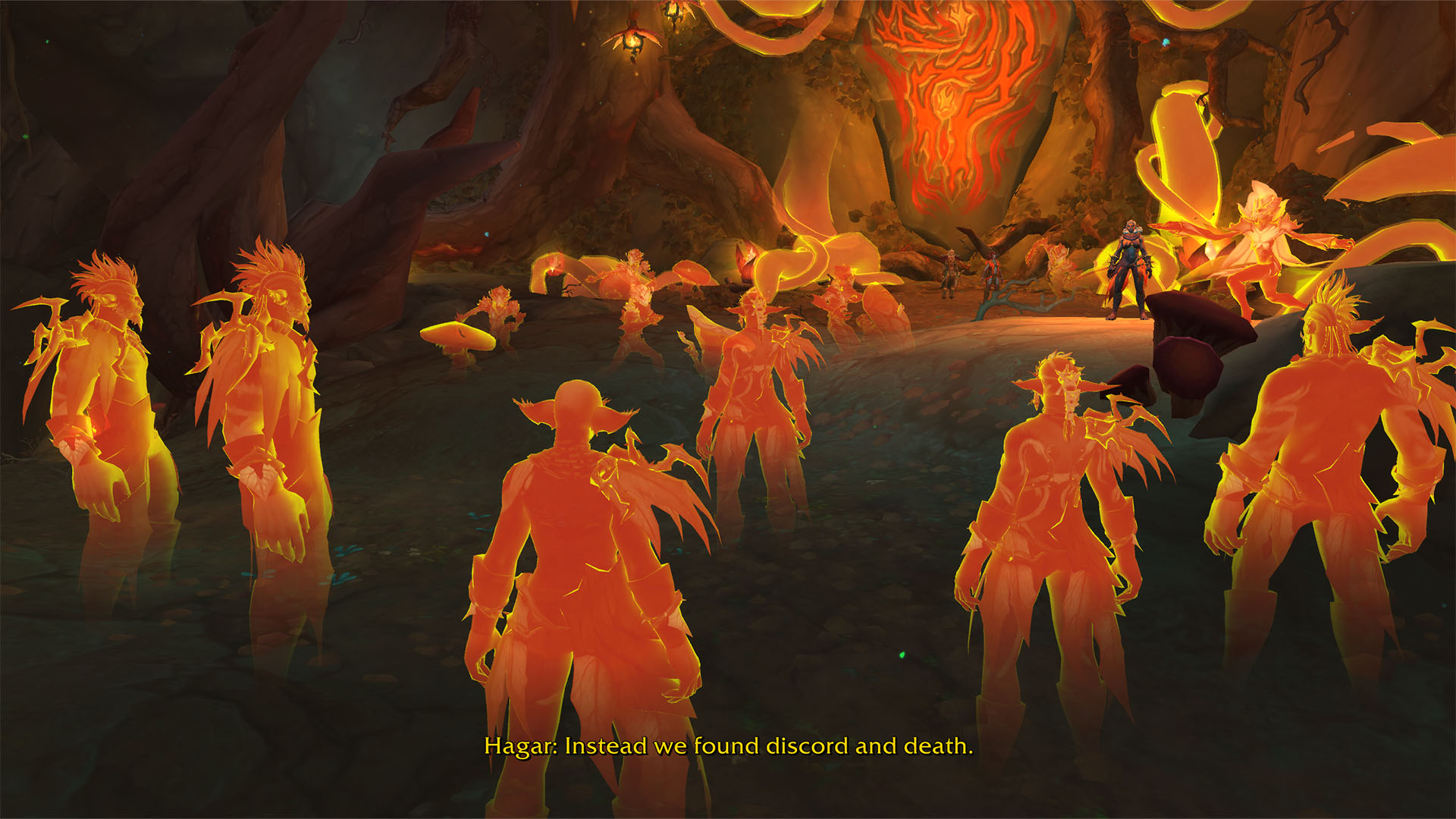Ghostly orange figures in World of Warcraft: Midnight converse in a cutscene