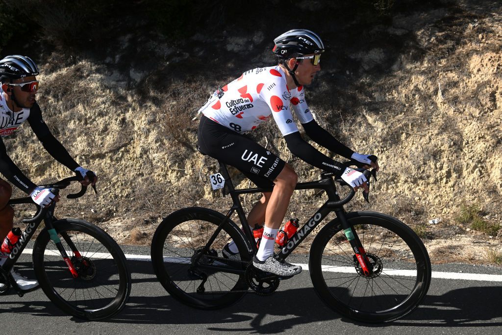 ALTO DE PINOS SPAIN FEBRUARY 02 Marc Soler of Spain and UAE Team Emirates Polka dot Mountain Jersey competes during the 74th Volta a la Comunitat Valenciana 2023 Stage 2 a 1782km stage from Novelda to Alto de Pinos 621m VCV2023 VoltaValenciana on February 02 2023 in Alto de Pinos Spain Photo by Dario BelingheriGetty Images