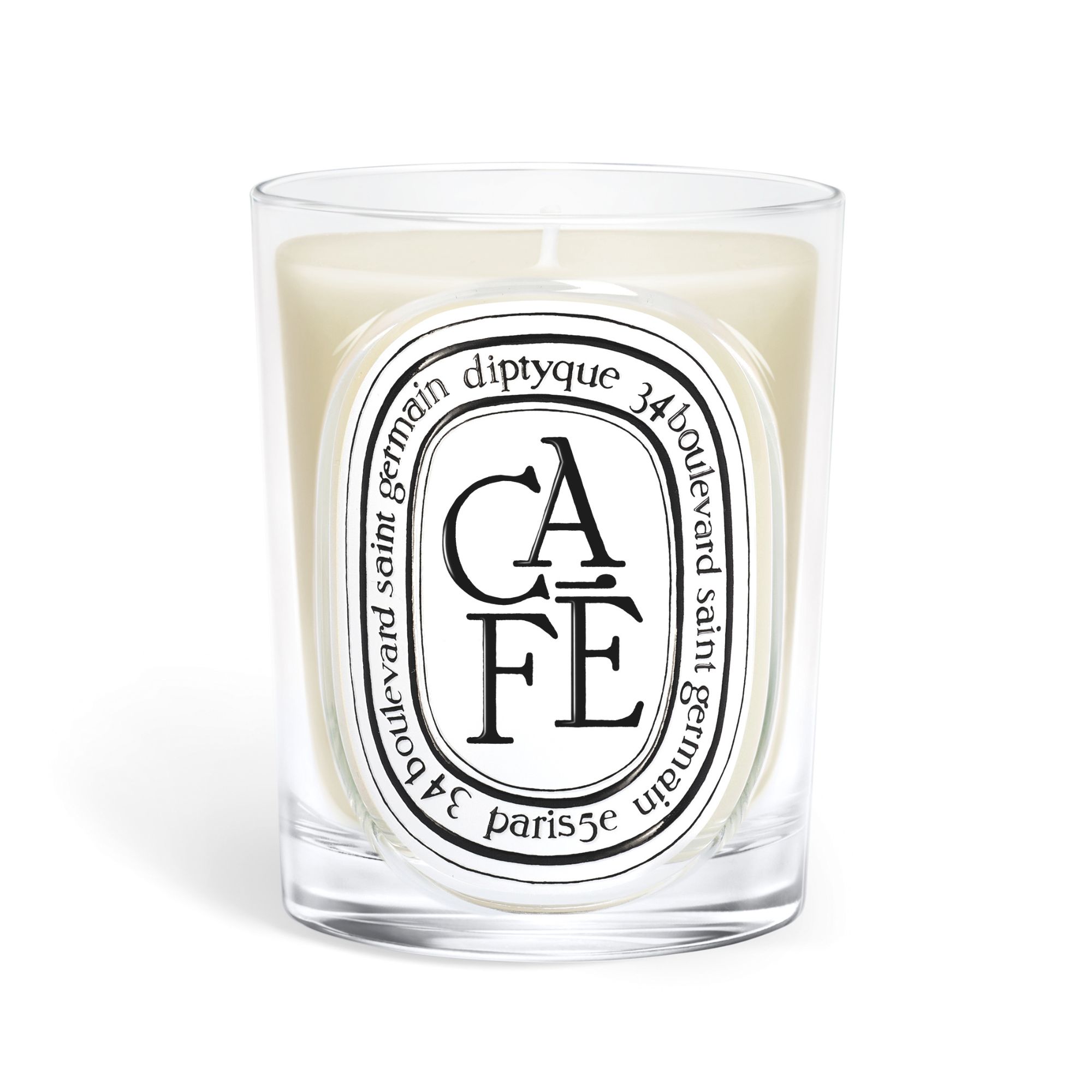 One of the new Diptyque candles, the cafe, on a white background