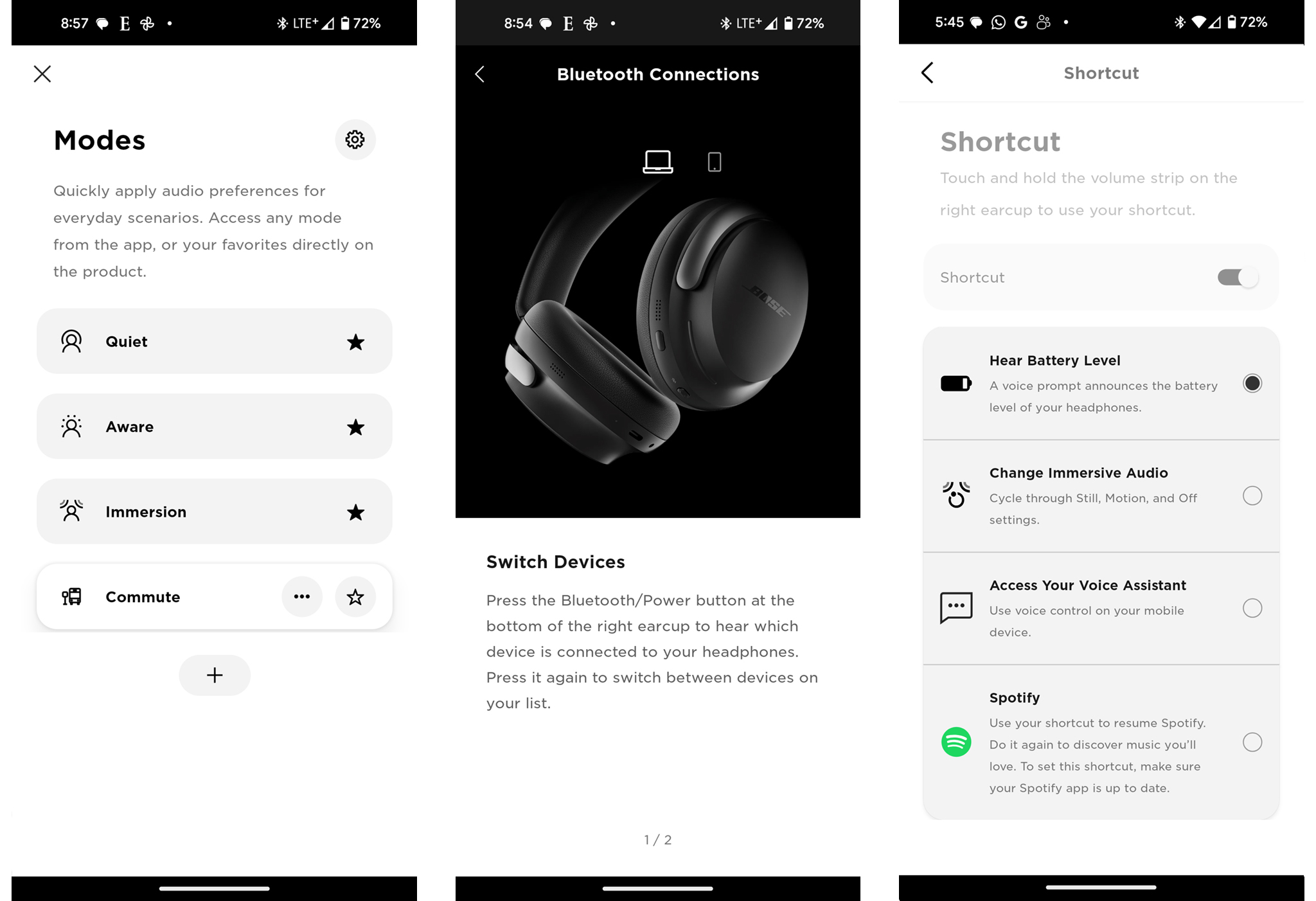 Screenshots showing features with the Bose QuietComfort Ultra headphones.