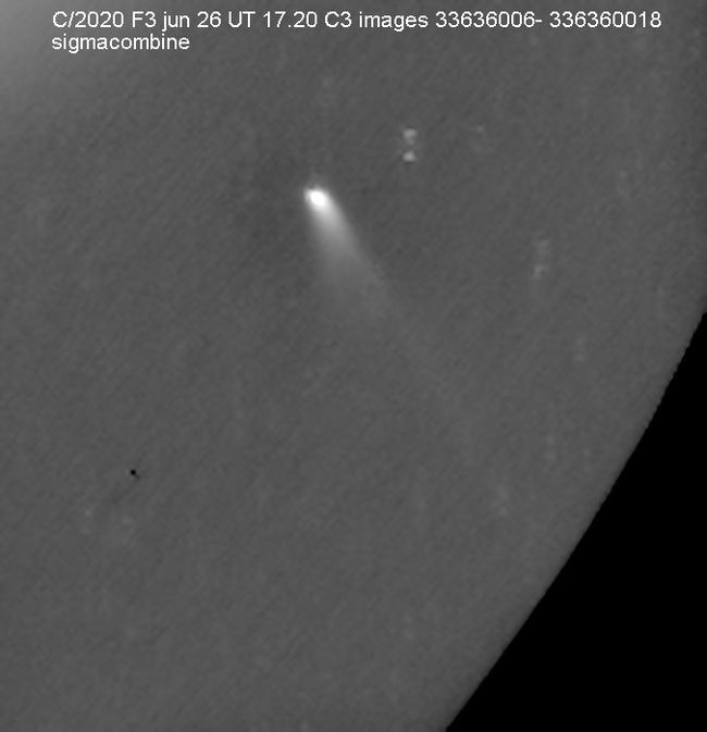 Skywatcher Michael Jager captured this view of Comet NEOWISE (C/2020 F3) on June 26 with a telescope.