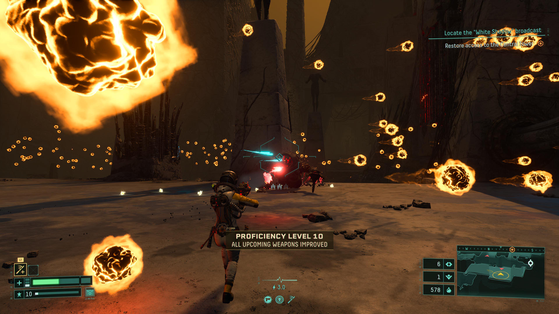 Yellow orbs circle in a firefight in Returnal as Selene levels up proficiency