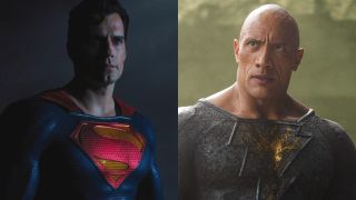 Superman (Henry Cavill) confronts Black Adam, while the antihero himself (Dwayne Johnson) looks ahead in Black Adam