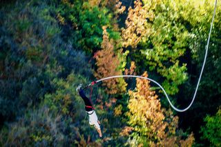 A bungee jumper dropping upside down past treetops