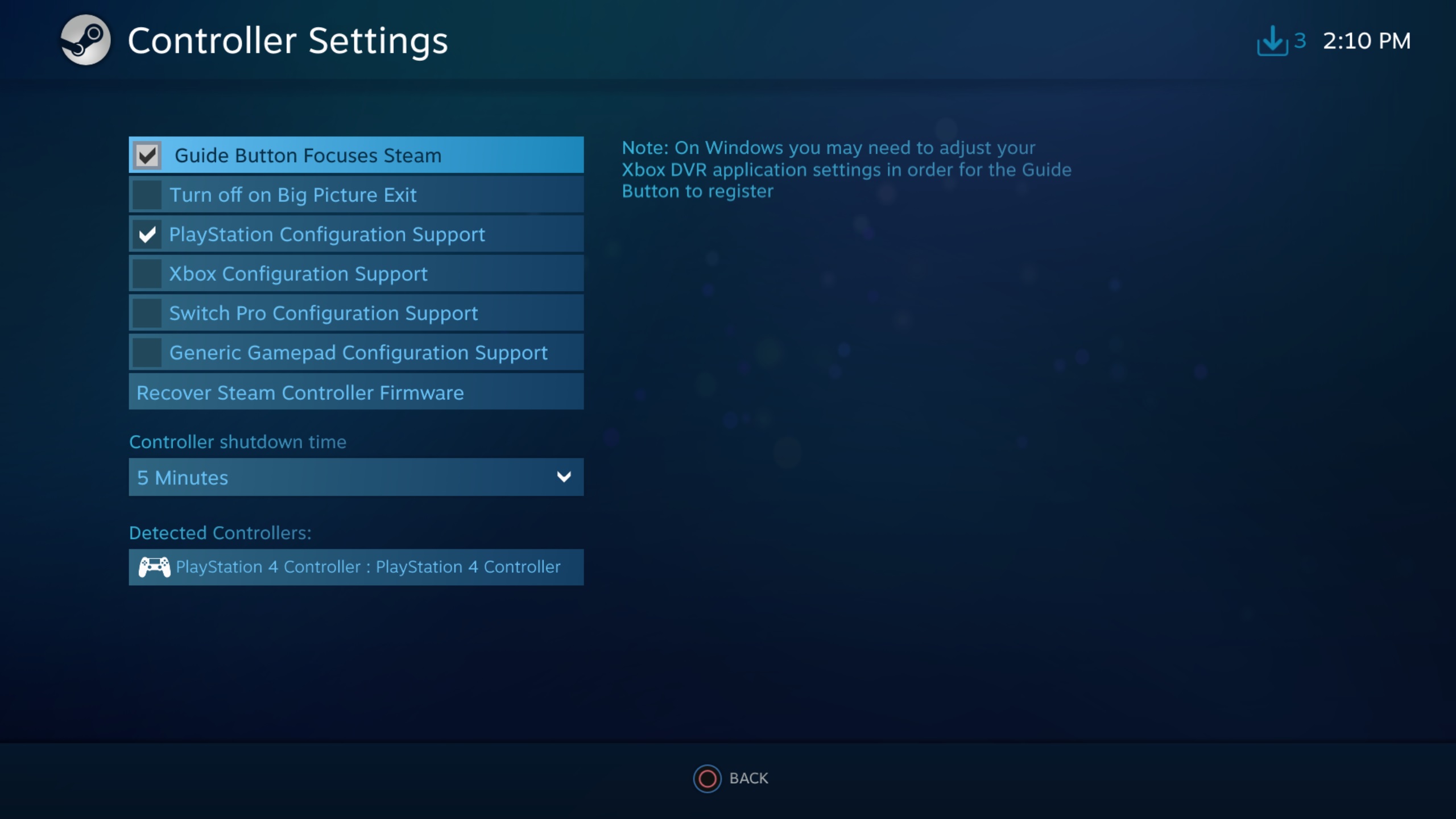 PlayStation controller configuration ticked on in Steam controller settings menu