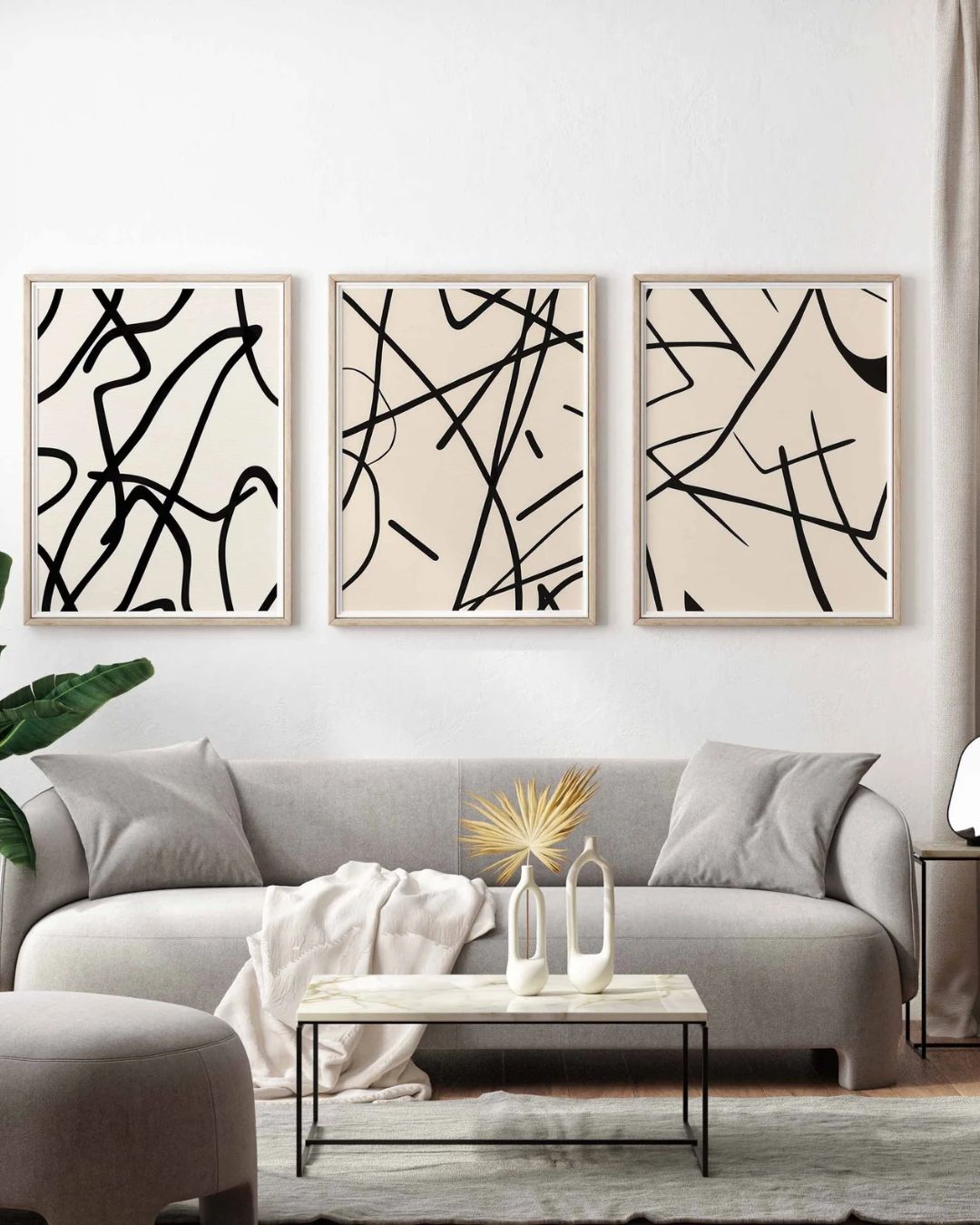 Neutral Gallery Wall Art Set of 3 Modern Minimal Black and Beige Abstract Art Farmhouse Decor Wall Art.
