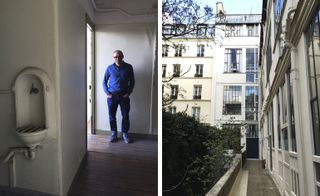 a photo of Jean-Philippe Delhomme in his studio on the right and the exterior of his Paris apartment/studio on the left