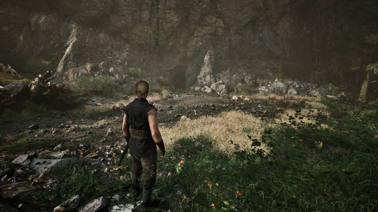 Gothic Remake The Forgotten Recipe: A player looking at a cave in a cliff face in the woods.