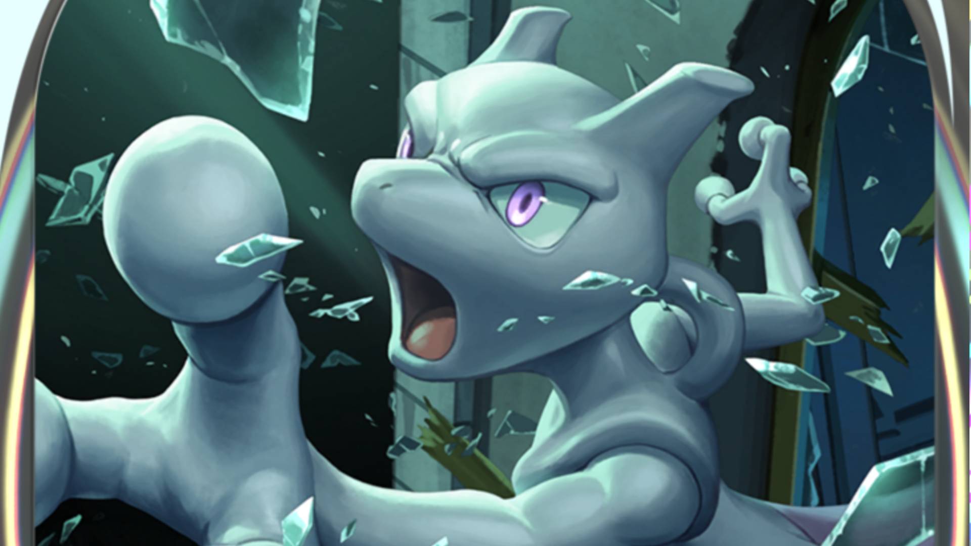 Grafika na karcie Pokemon TCG Pocket przedstawiająca Mewtwo EX i legendarnego Pokemona podnoszącego rękę do przodu.