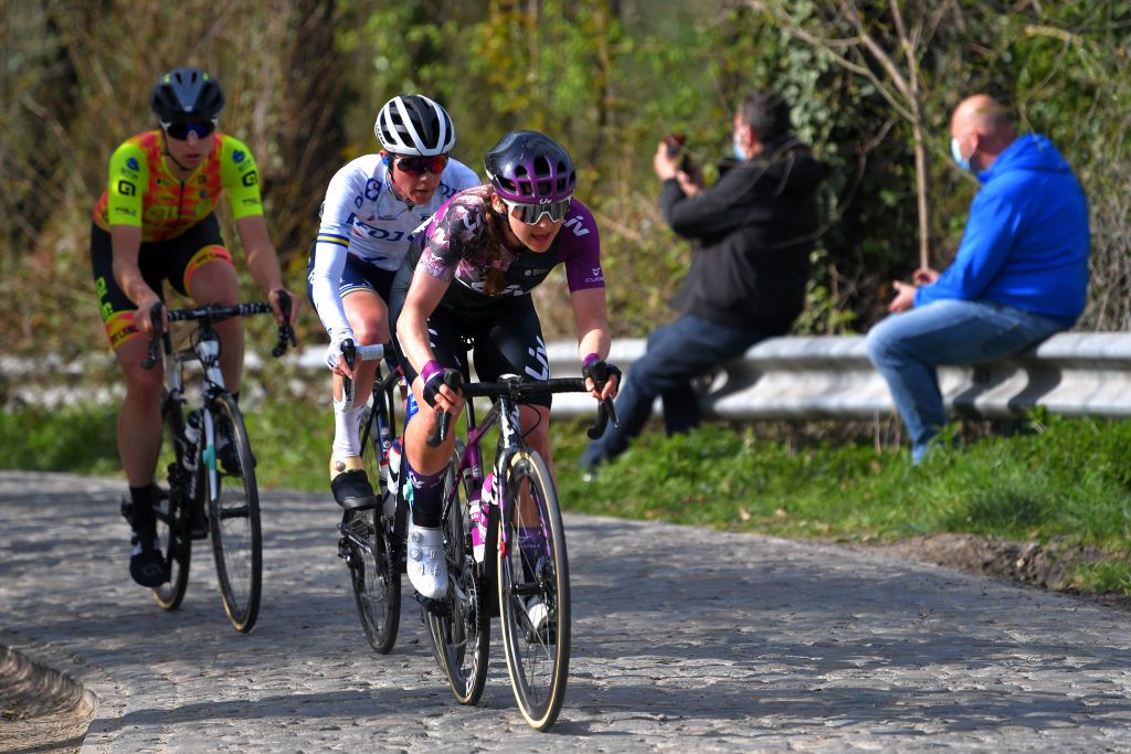 OUDENAARDE BELGIUM APRIL 04 Alison Jackson of Canada and Team Liv Racing Emilia Fahlin of Sweden and Team FDJ Nouvelle Aquitaine Futuroscope during the 18th Ronde van Vlaanderen Tour of Flanders 2021 Womens Elite a 1524km race frim Oudenaarde to Oudenaarde Cobblestones RVV21 rondevanvlaanderen tourofflanders UCIWWT on April 04 2021 in Oudenaarde Belgium Photo by Luc ClaessenGetty Images
