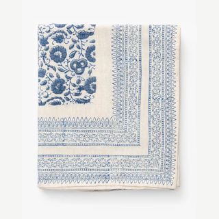 blue and white patterned tablecloth