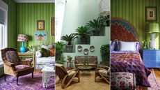 Three images of a bold home decorated in blues, greens, reds and purples