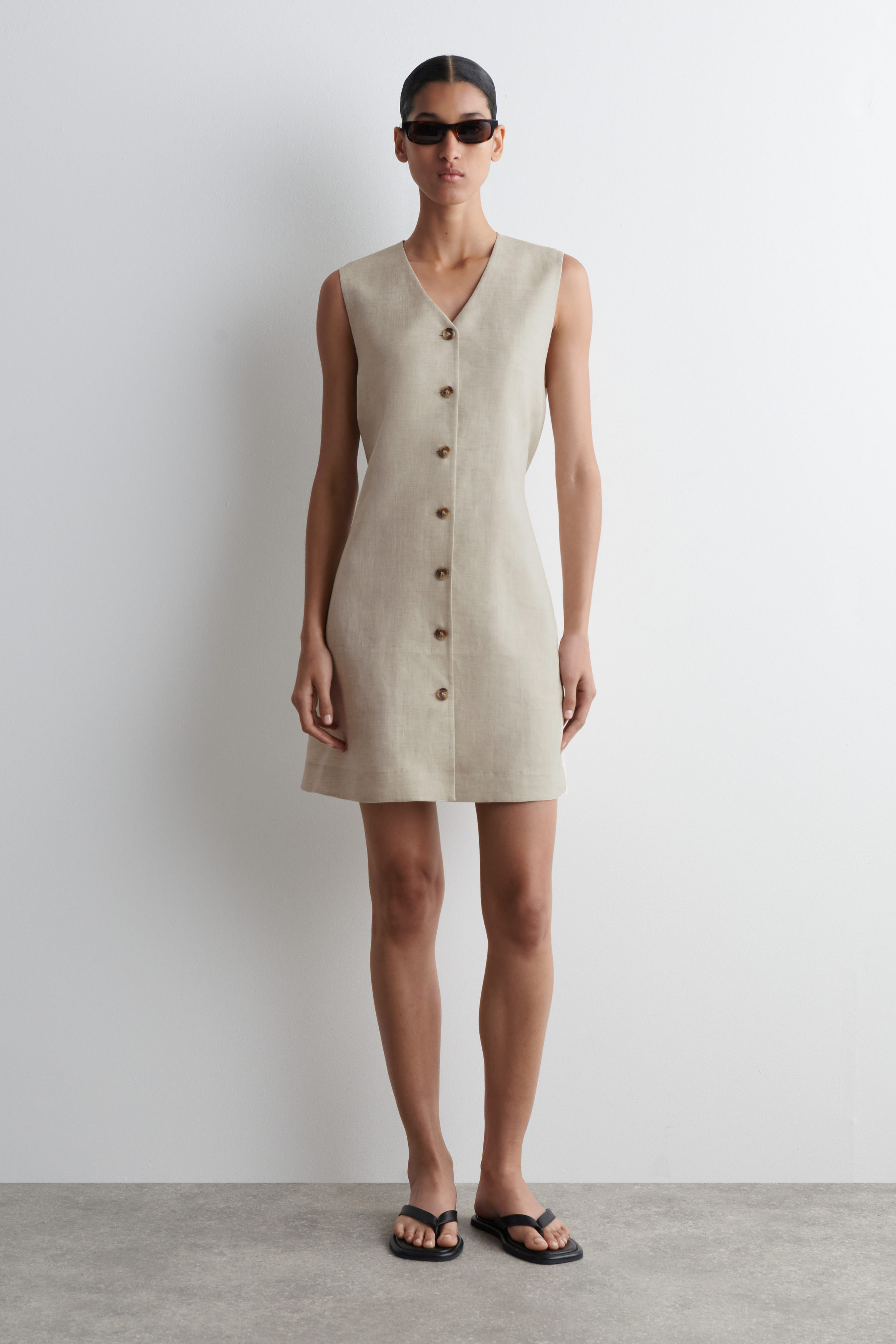 Buttoned Linen Mini Dress