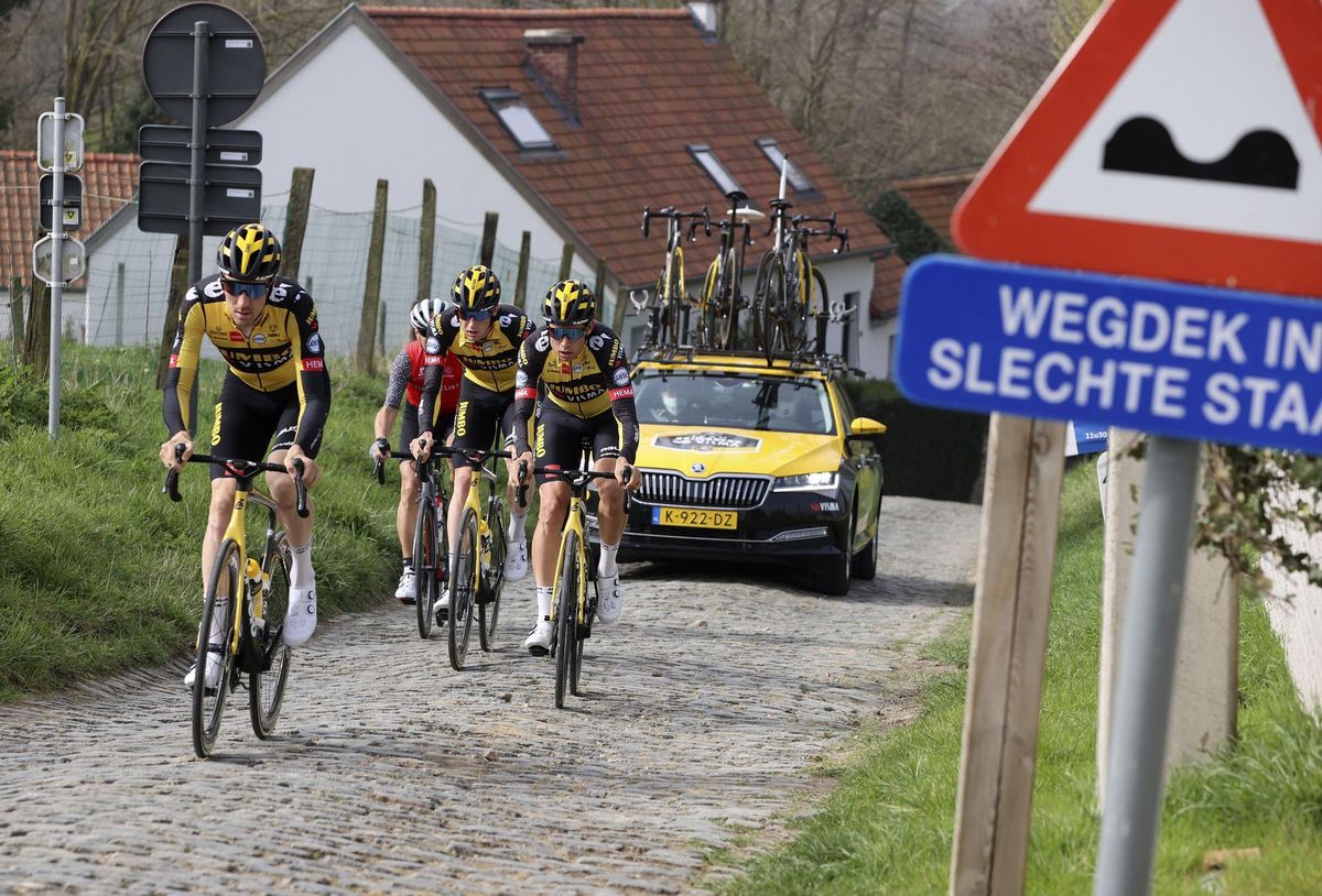 Tour de Flanders 2021 Ronde Van Vlaanderen 2021 Recon at the parcours 01042021 Wout Van Aert BEL Jumbo Visma Timo Roosen NED Jumbo Visma Nathan Van Hooydonck NED Jumbo Visma Nathan Van Hooydonck Germany Team JumboVisma photo Jan De MeuleneirPNBettiniPhoto2021