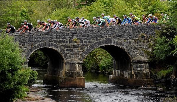 Riders cross a bridge at Oughterard during the third stage of the 2012 An Post R&aacute;s.