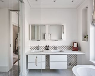 bathroom with double vanity, mirror and drawers