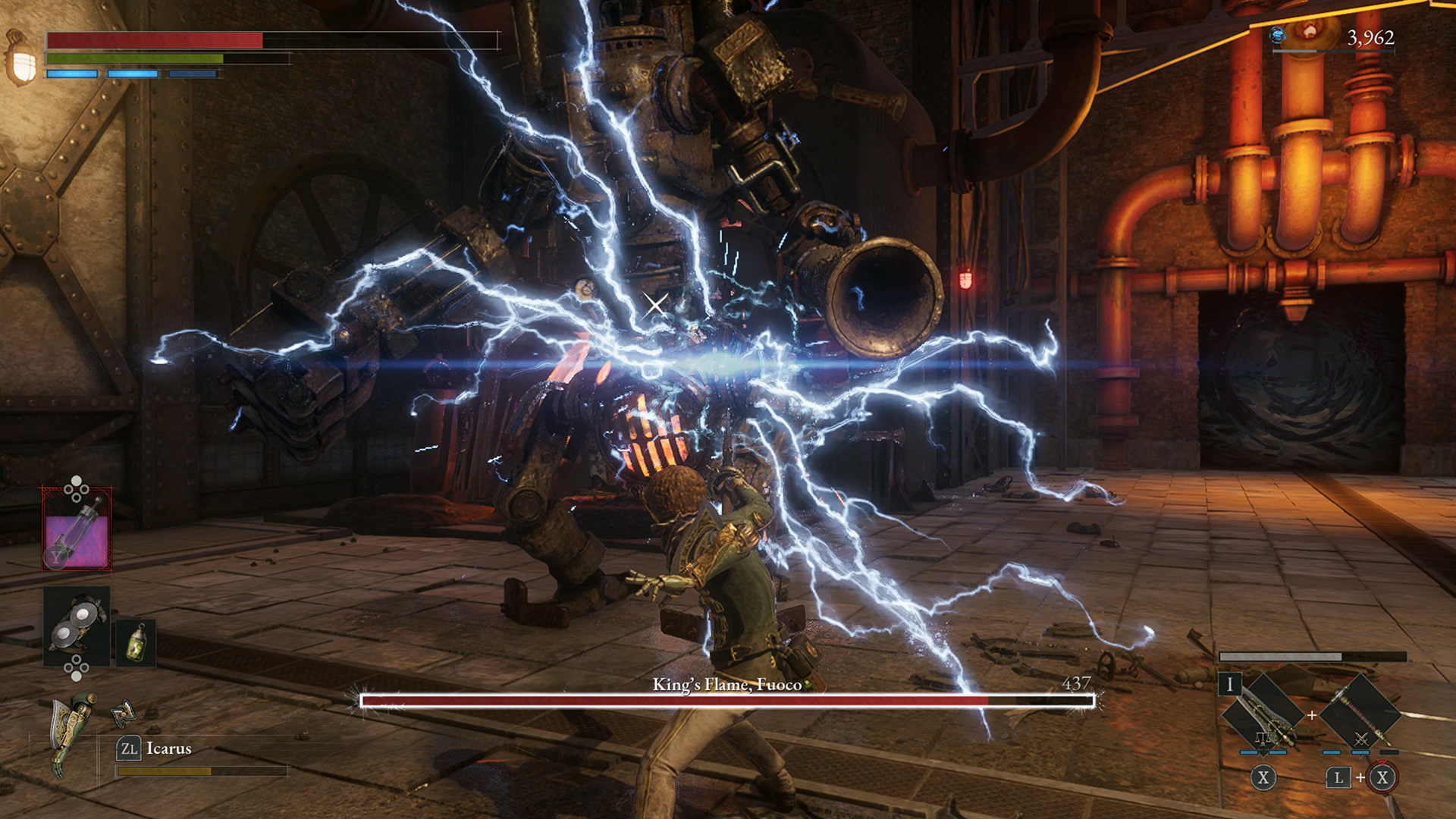 Lies of P: Complete Edition screenshot showing the protagonist unleash a bolt of electricity at an early game boss