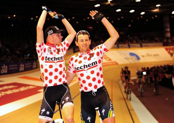 Morkov and Rasmussen celebrate their Madison win.