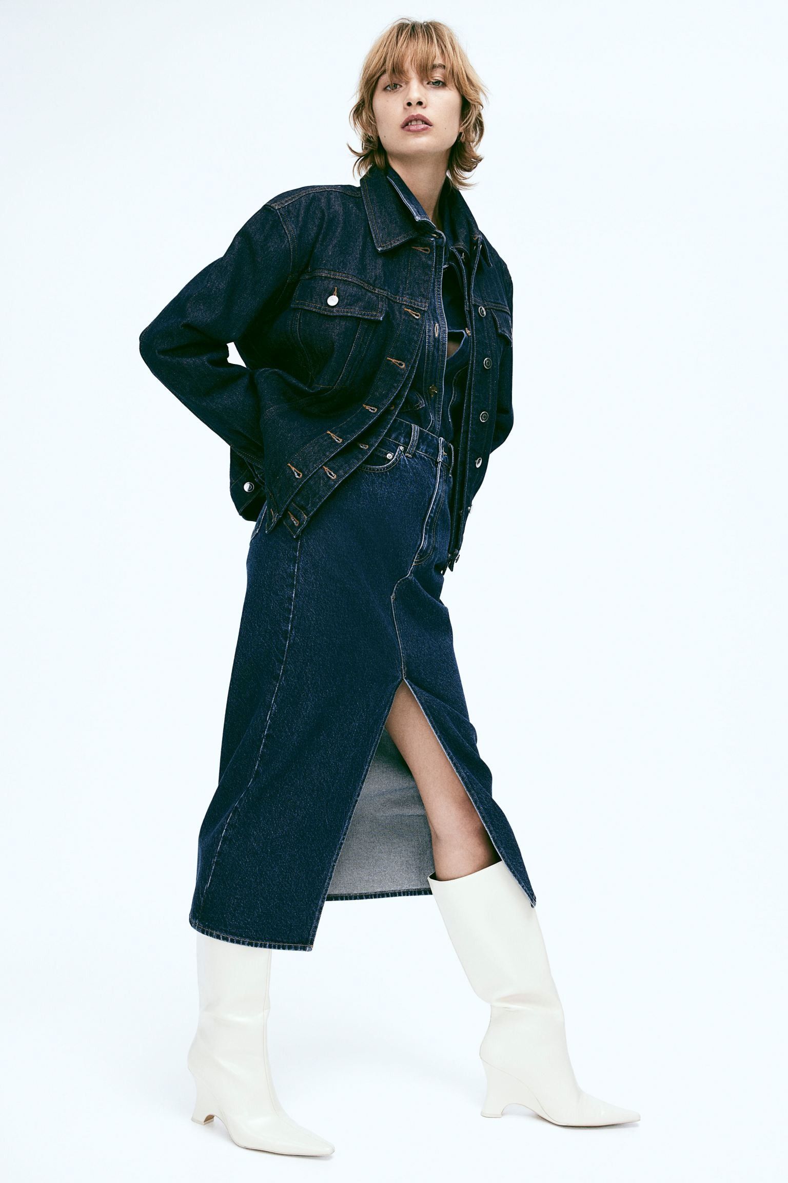 H&M long dark-wash denim skirt