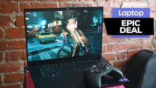 Razer Blade 16 gaming laptop with Xbox controller with brick wall background