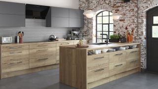 wooden kitchen with storage on both sides and open shelving