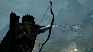 An archer lines up a shot at a dragon