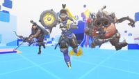 Three Overwatch heroes running toward the screen in a blue and white abstract level environment