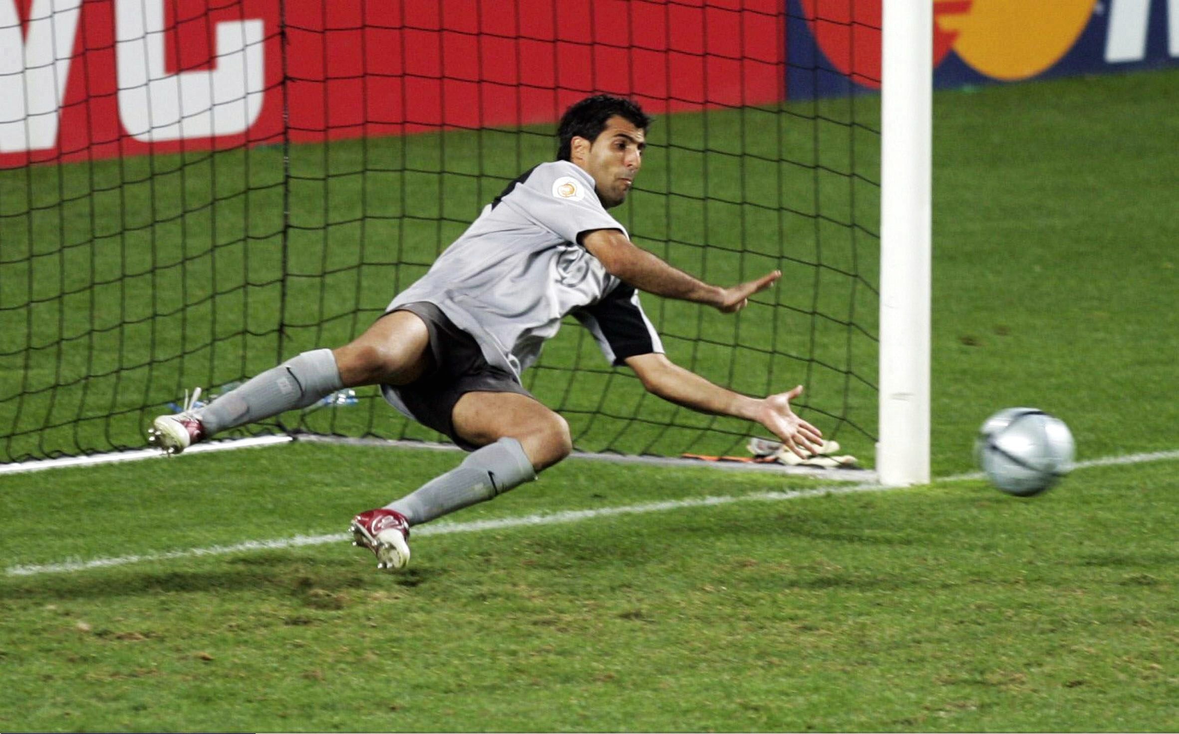 Ricardo saves Darius Vassell's penalty with no gloves on during Portugal's shootout win over England at Euro 2004.