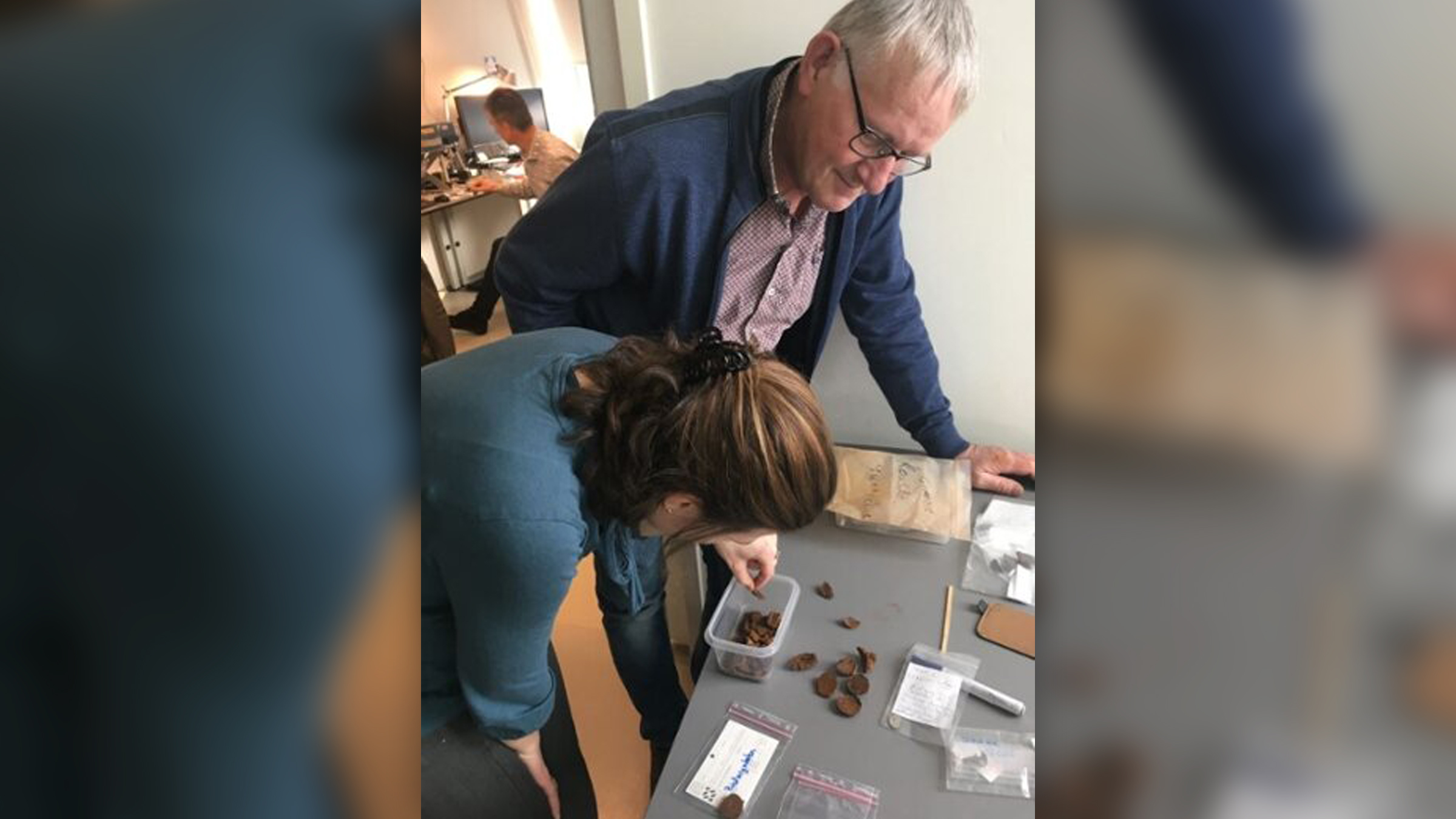 Historian Liesbeth Claes and amateur treasure hunter Wim van Schaijk look at the corroded Roman coins.