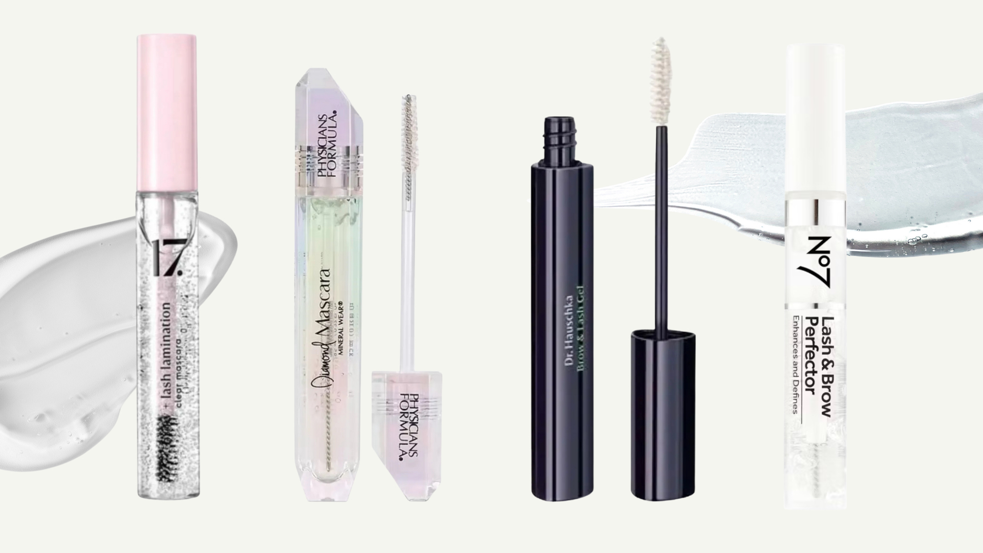 Collage of four of the best clear mascaras featured in this guide from (left to right) 17, Physicians Formula, Dr Hauschka and No7, set in front of an off-white background with clear swatches