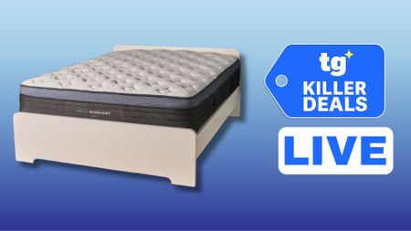 A cut-out of the Helix Midnight Luxe Mattress on a gradient background. To the mattress's right, there is a DEALS badge and a LIVE badge to signify that we're tracking the Memorial Day sale live.