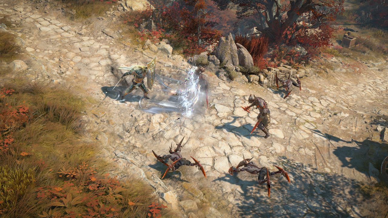 A promotional screenshot of the paladin class in Diablo 4: Lord of Hatred. A paladin character holds their shield up against a pack of demons and sends forth a spectral copy of it.